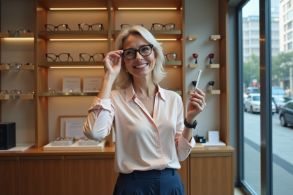 Femme d'une cinquantaine ajustant ses lunettes dans une boutique élégante