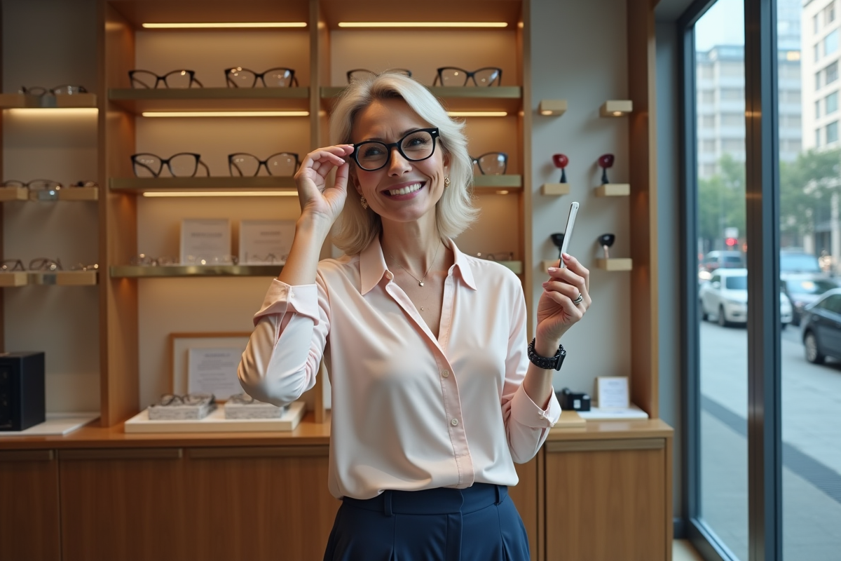 Femme d'une cinquantaine ajustant ses lunettes dans une boutique élégante