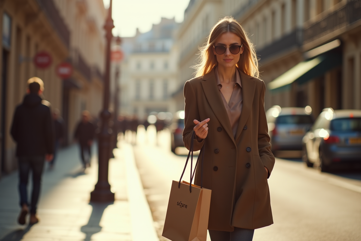 Femme parisienne avec sac Sézane dans une rue ensoleillee
