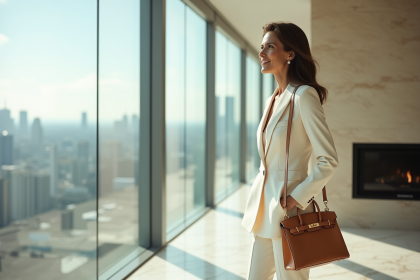 Femme élégante dans un penthouse avec sac Birkin Himalaya