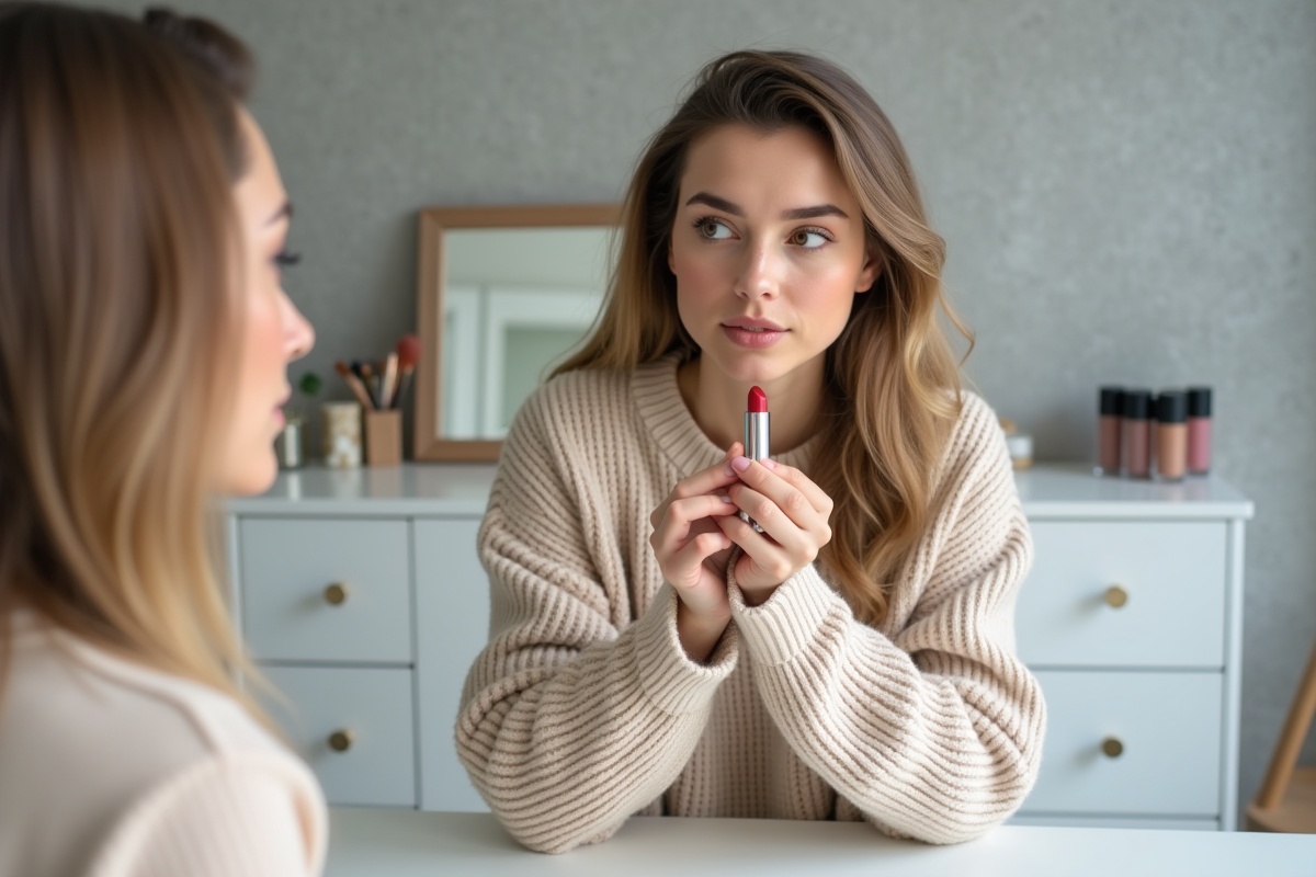 Femme regardant un rouge à lèvres usé dans un décor quotidien