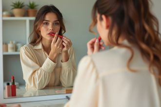 Femme appliquant rouge à lèvres dans son miroir