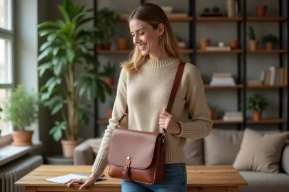 Femme ajustant son sac à main en cuir dans un salon cosy