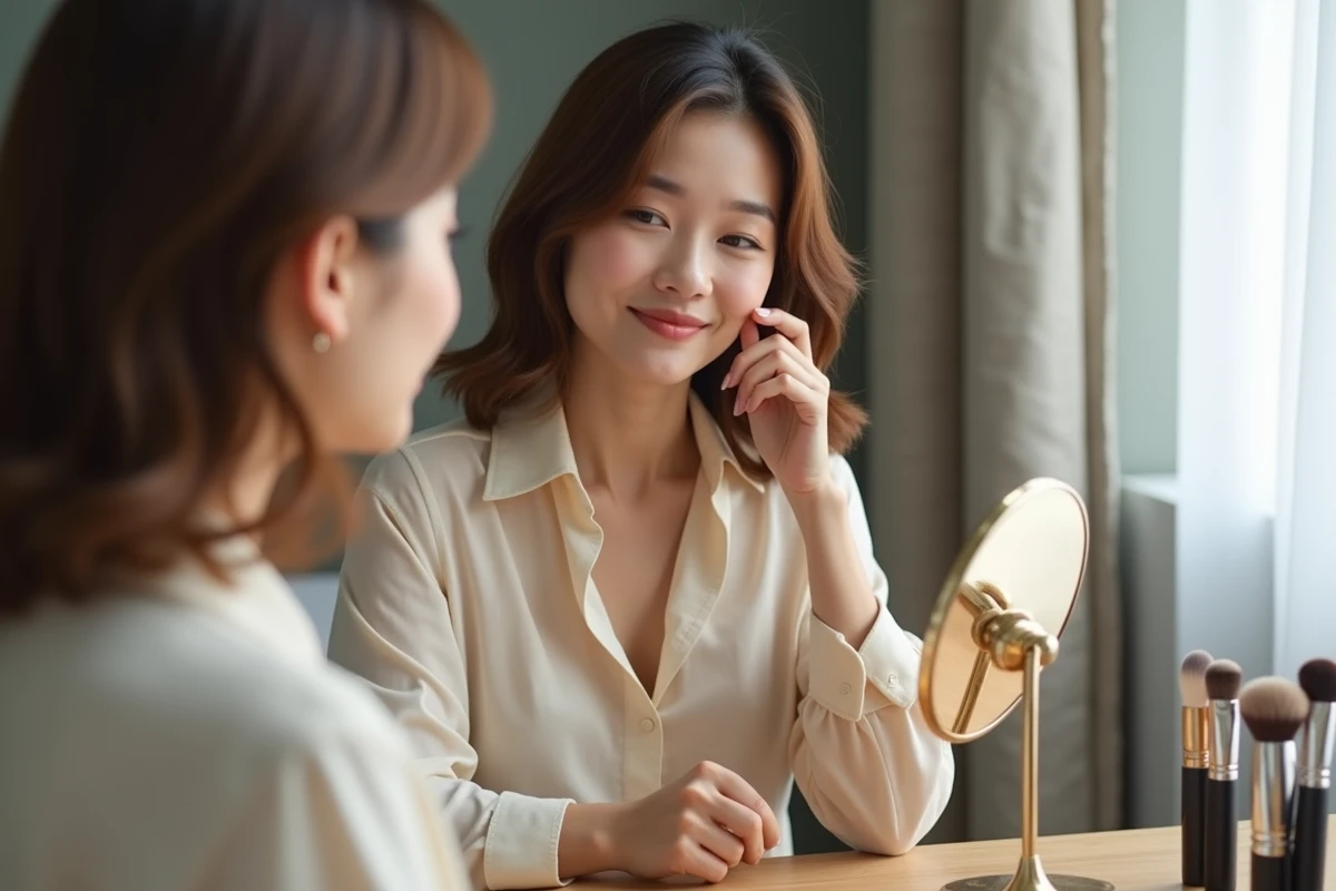 Femme se regardant dans un miroir pour vérifier son maquillage