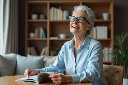 Femme souriante en intérieur avec livre et ambiance cosy