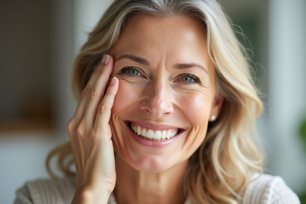 Femme souriante touchant sa peau naturelle et radieuse