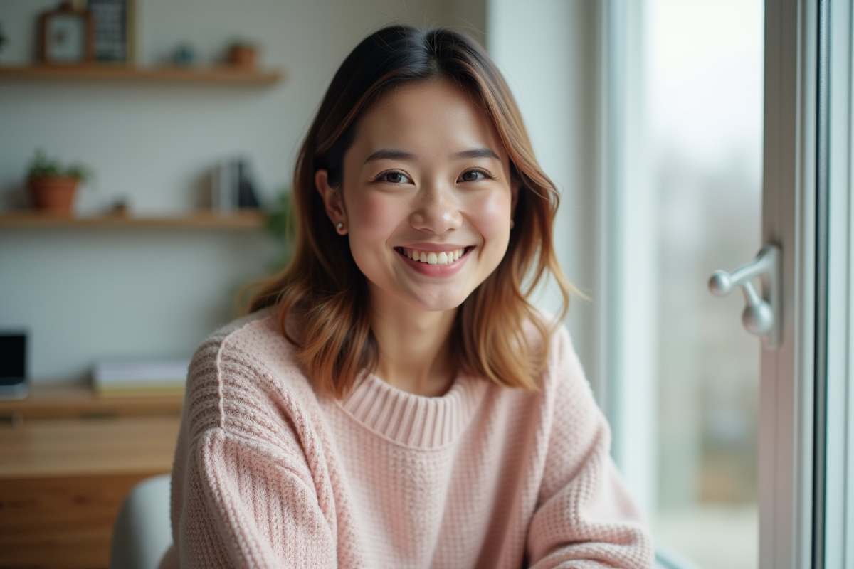 Femme souriante en intérieur près d