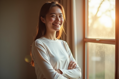 Jeune femme souriante portant un thermolactyl dans un intérieur chaleureux