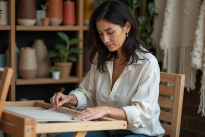 Femme tissant des fibres naturelles dans un atelier