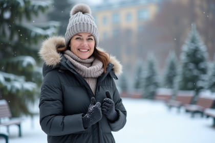 Femme souriante en manteau d'hiver dans un parc enneige