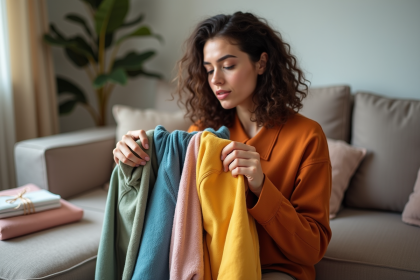 Jeune femme examine des vêtements modernes à la maison