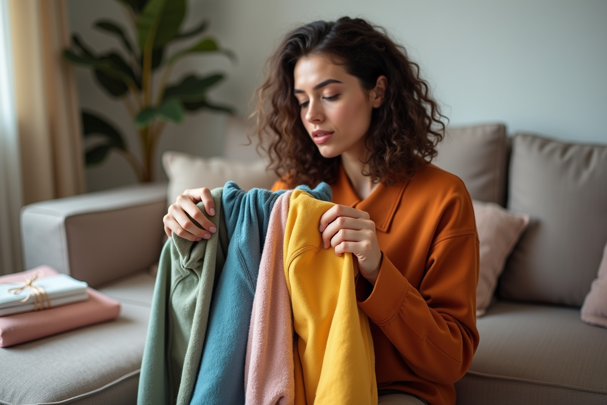Jeune femme examine des vêtements modernes à la maison