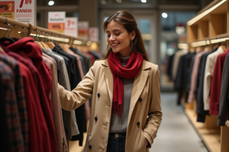 Femme en manteau beige dans une boutique italienne