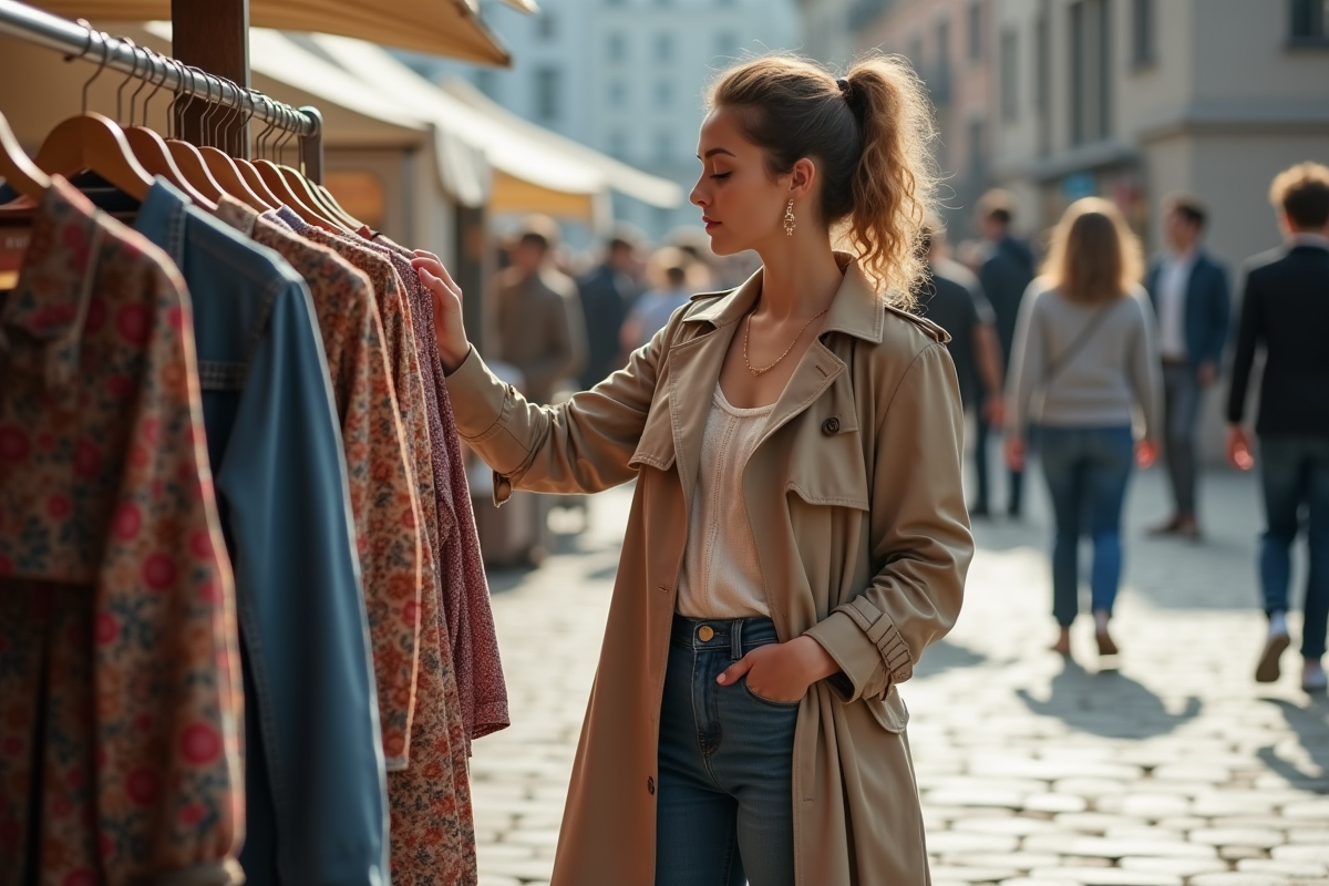 Jeune femme examine un vêtement vintage dans un vide-dressing