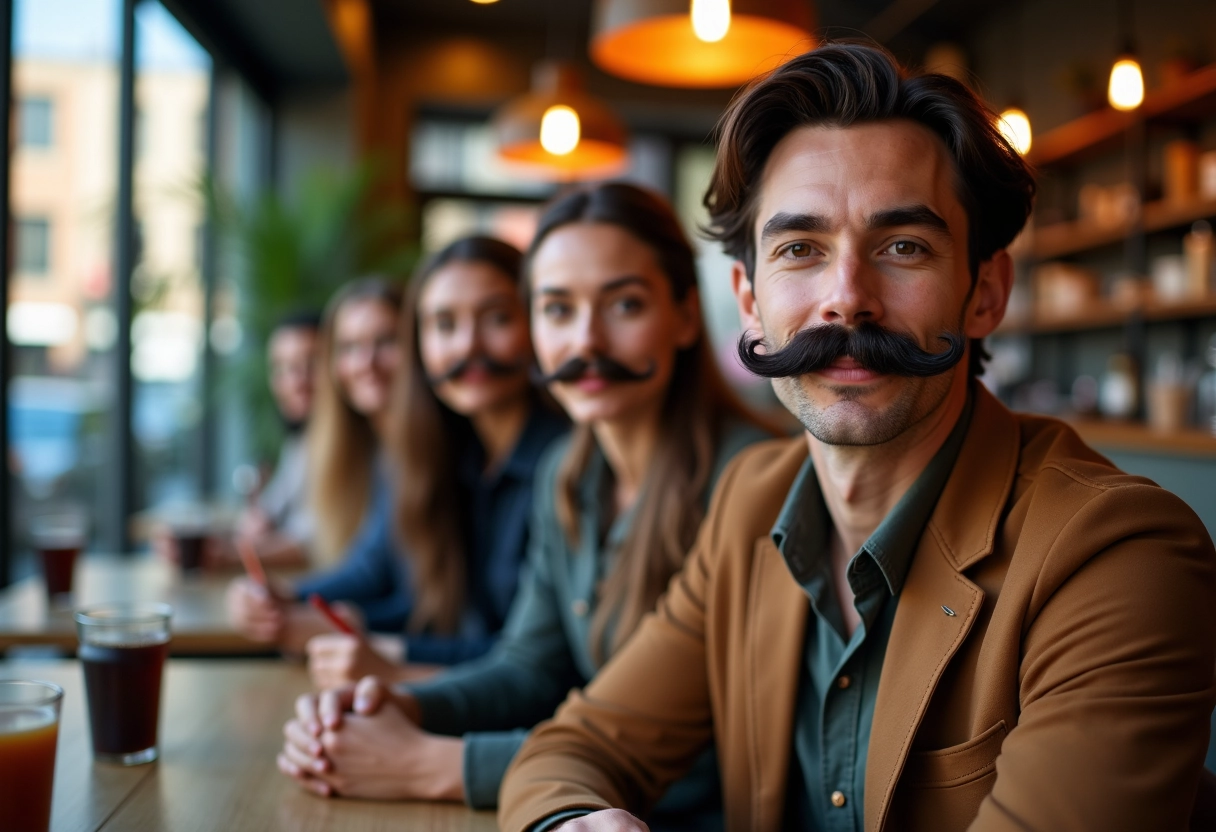 Groupe de personnes avec moustaches dans un café urbain lumineux
