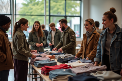 Groupe diversifié de personnes autour de vêtements de seconde main