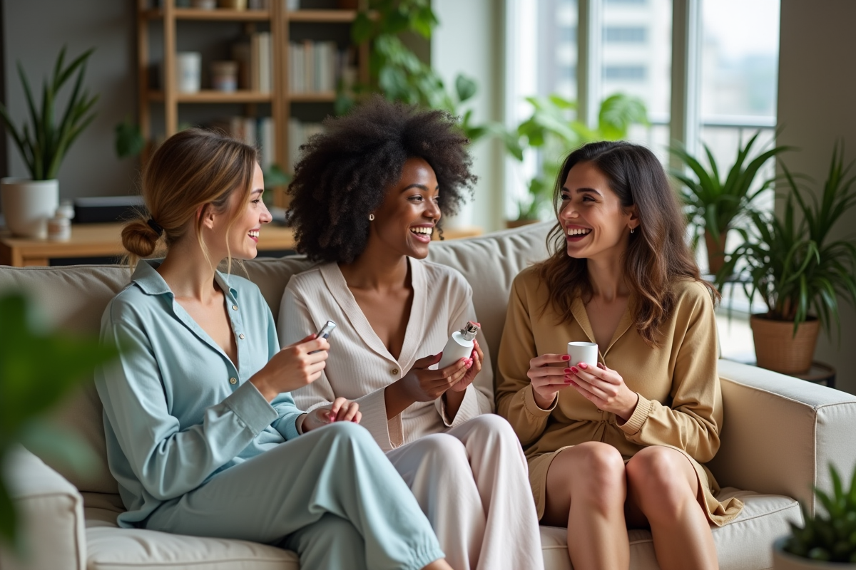 Trois femmes discutant avec produits de soin dans un salon