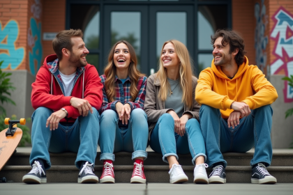 Groupe de jeunes en streetwear 90s assis sur des marches