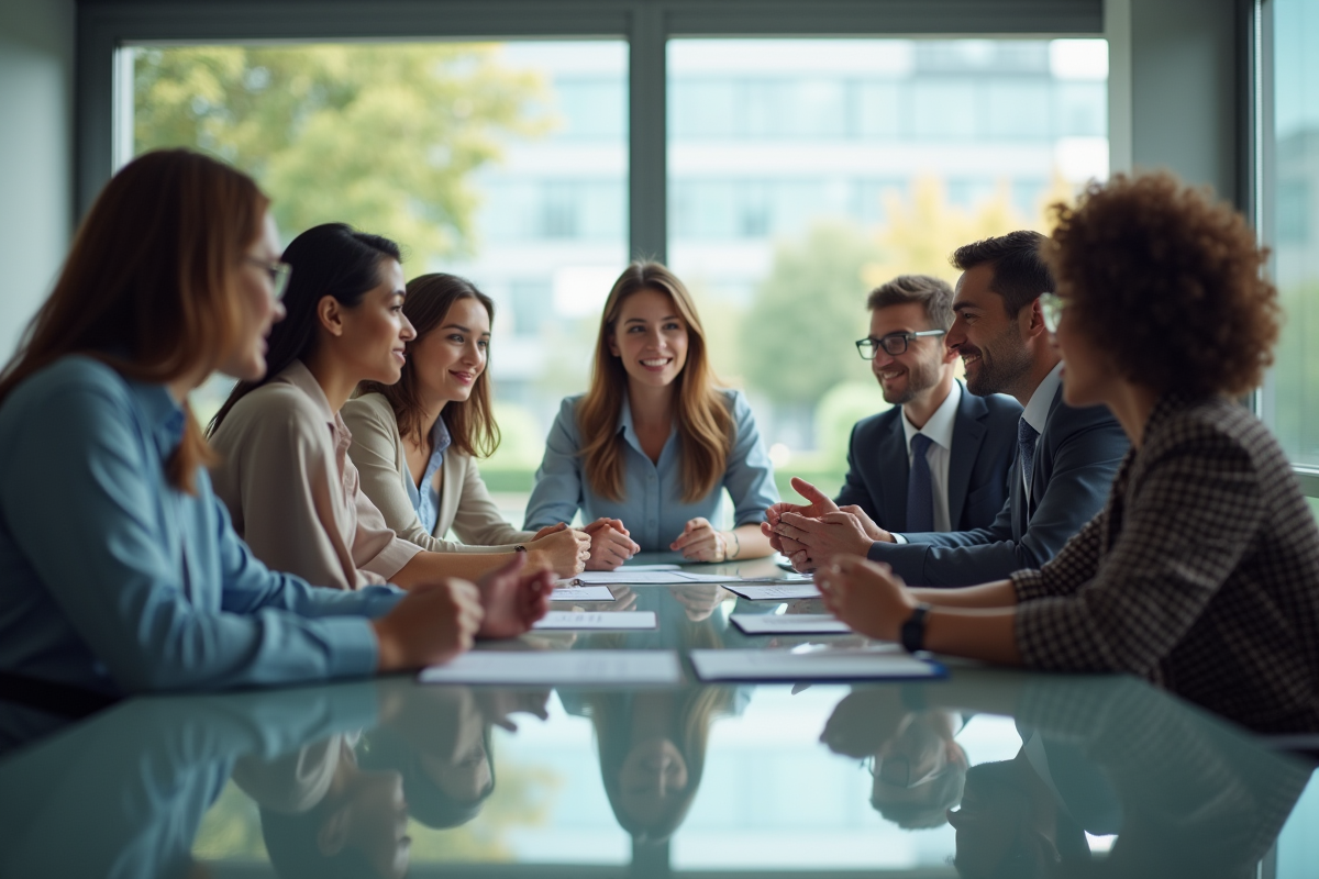 Groupe de professionnels en discussion dans une salle lumineuse
