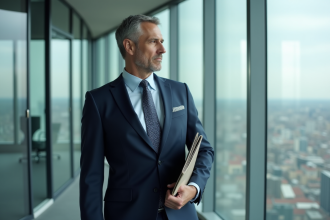 Homme d'affaires confiant en costume bleu dans un bureau moderne