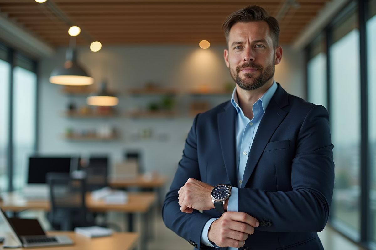 Homme professionnel ajustant sa montre dans un espace moderne