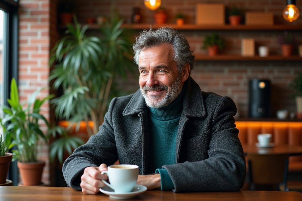 Homme mature dans un café cosy en automne