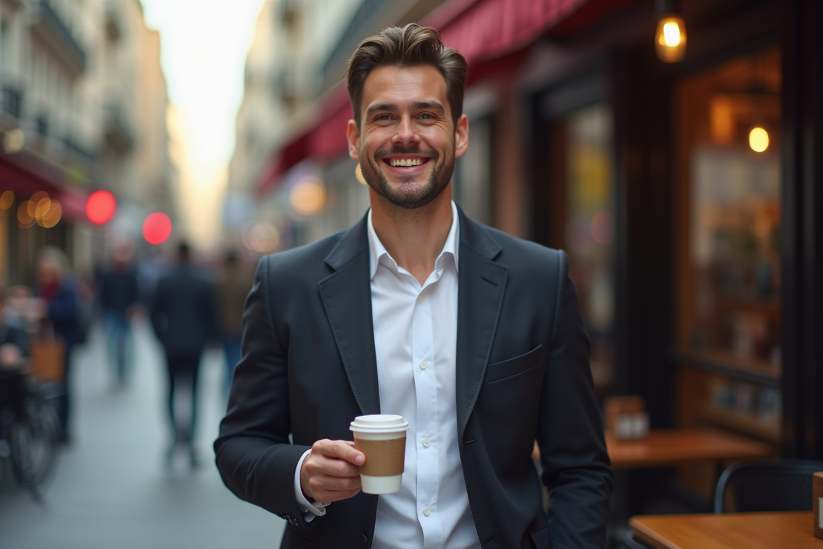 Homme souriant avec café sur terrasse urbaine