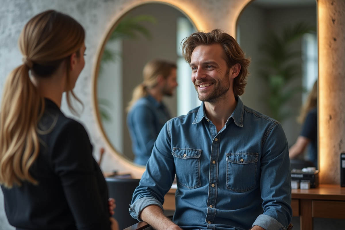 Homme discutant avec un coiffeur dans un salon contemporain