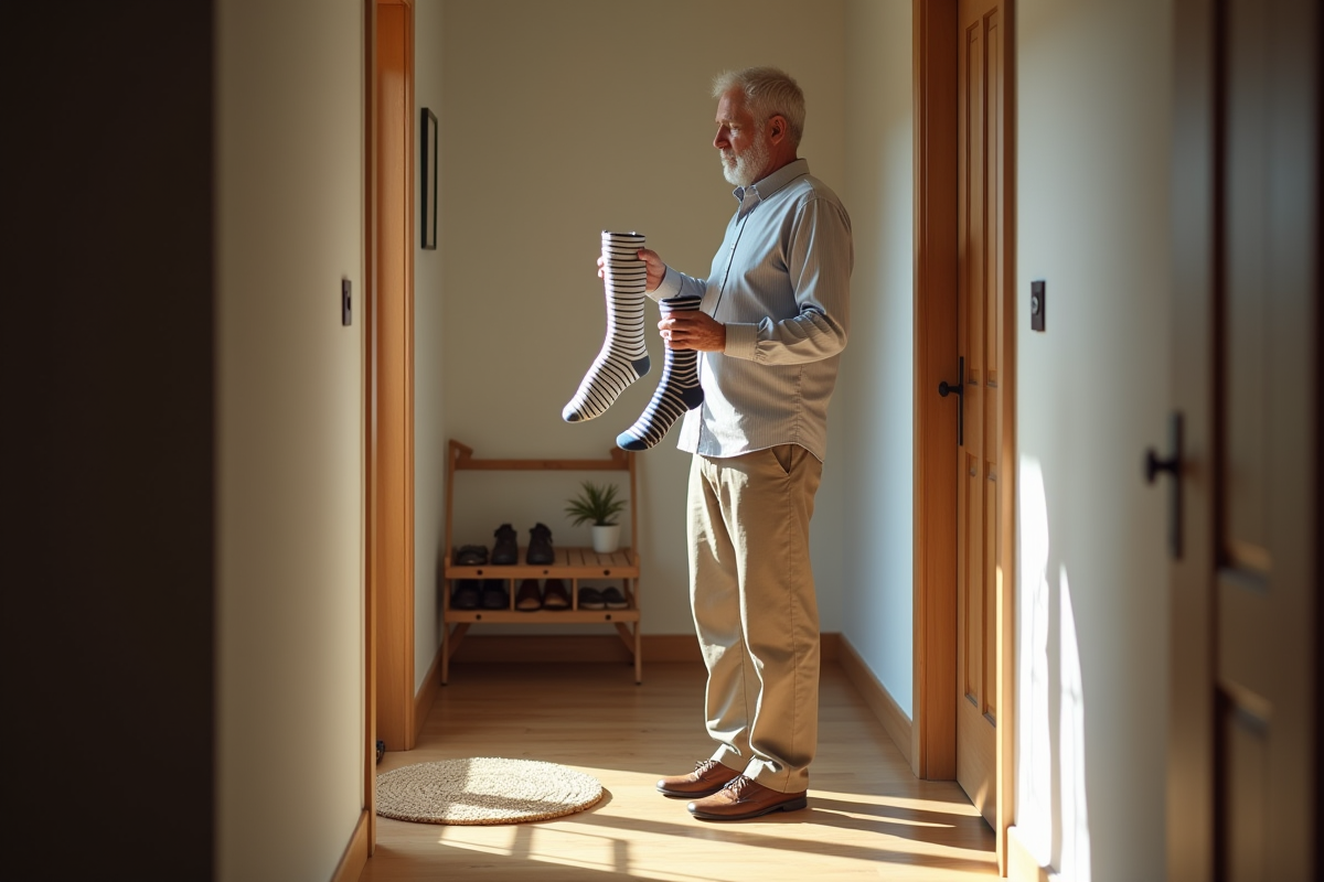 Homme compare deux chaussettes rayées dans l