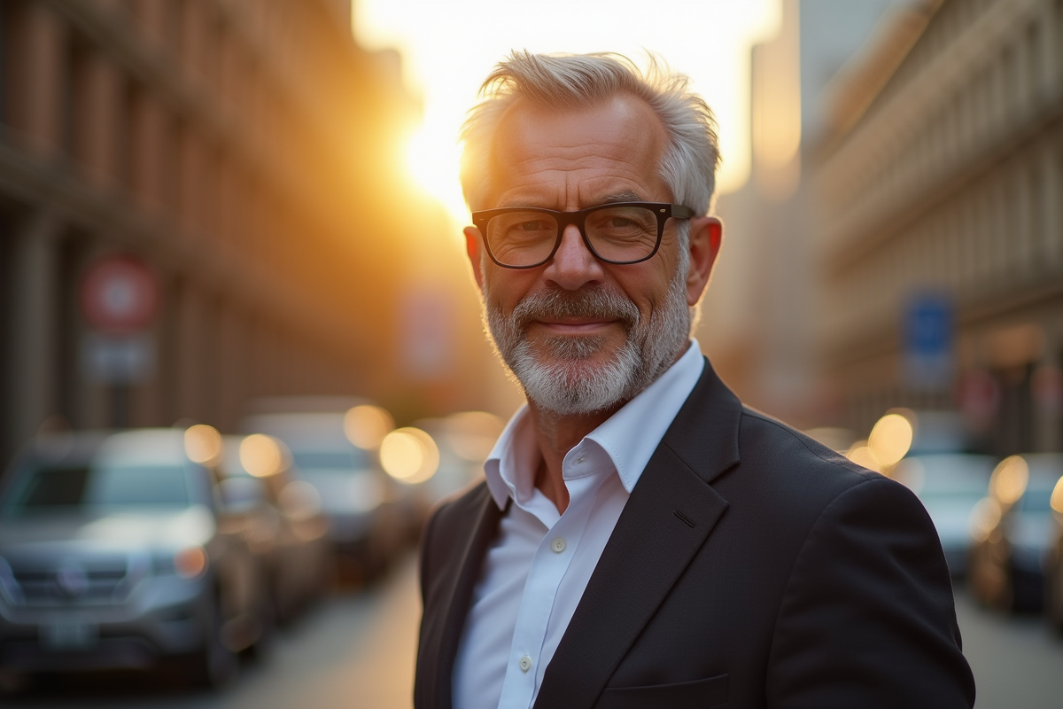 Homme mature en costume portant des lunettes noires dans la ville