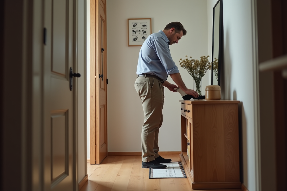 Homme mesurant son pied près du miroir à la maison