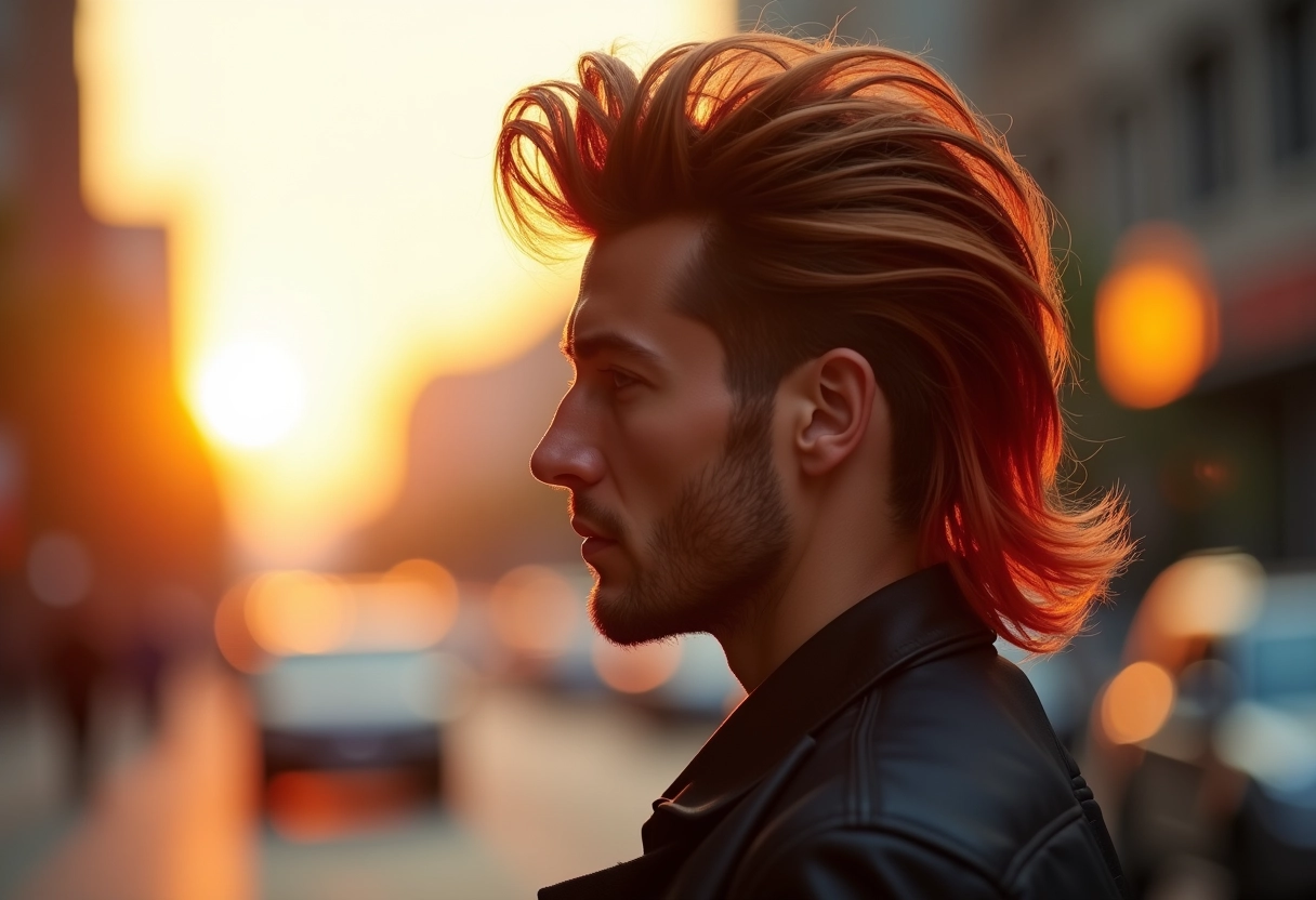 Homme avec mullet moderne profil extérieur en golden hour