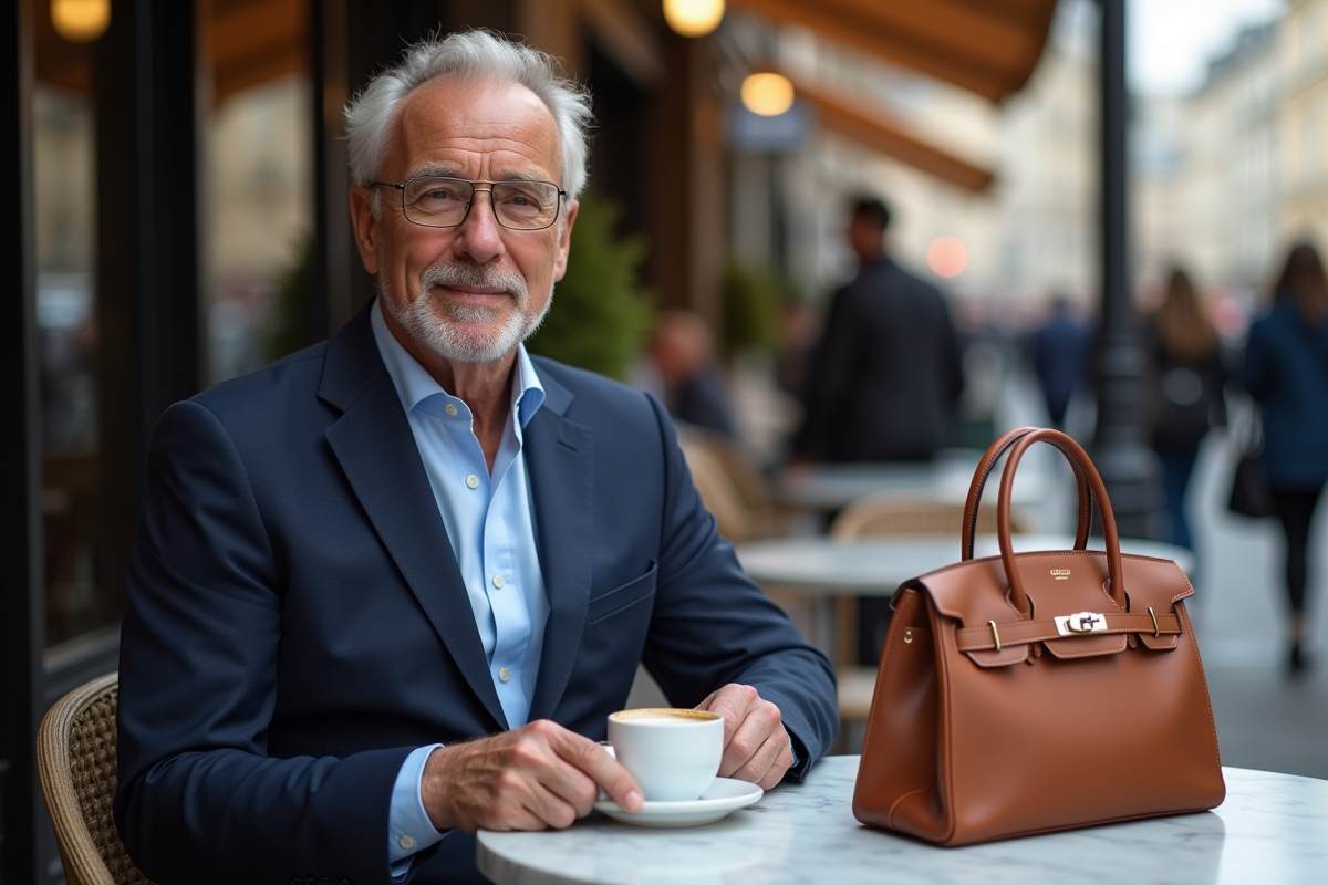 Homme assis à un café parisien avec sac Birkin Himalaya