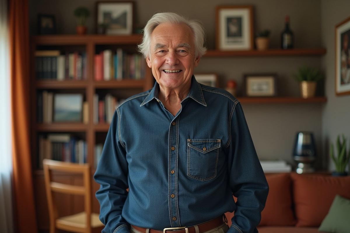 Homme âgé en denim foncé dans un salon chaleureux