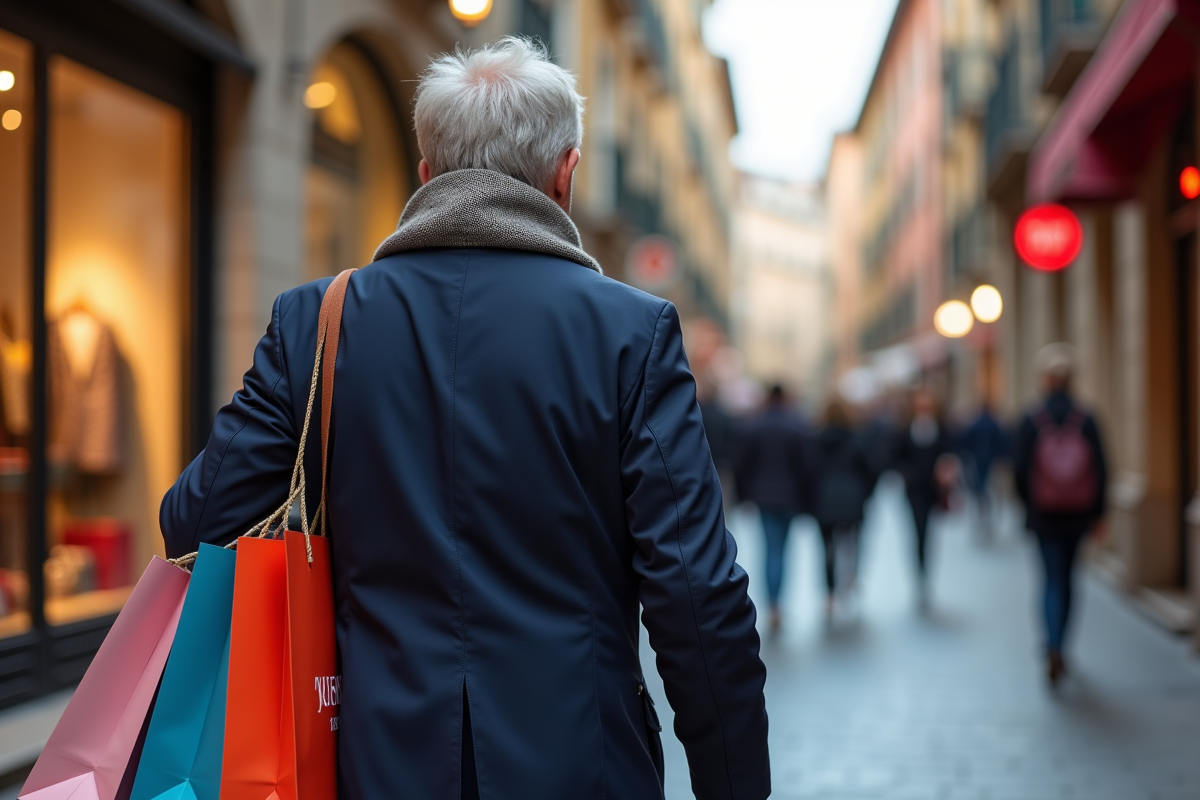 Homme avec sacs de shopping dans une rue italienne animée