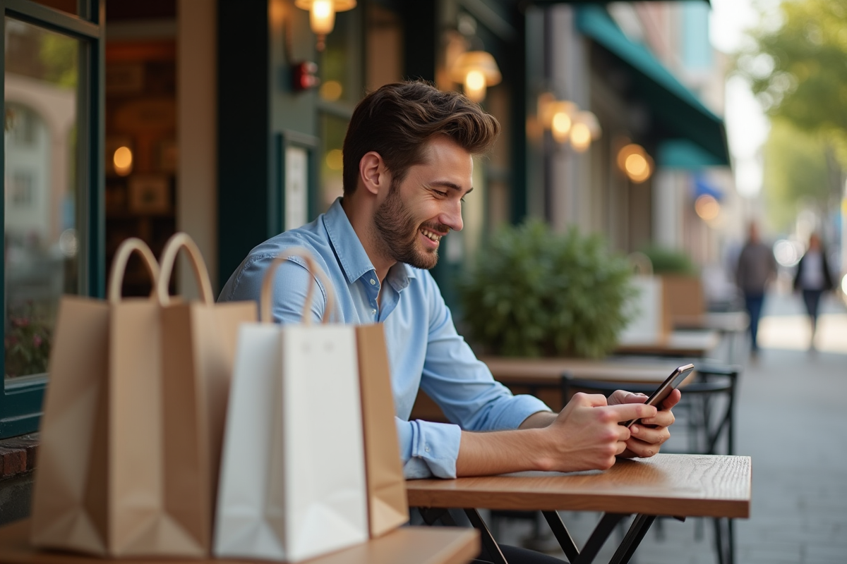 Jeune homme avec sacs de shopping en extérieur