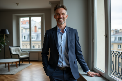 Homme élégant en costume dans un appartement parisien