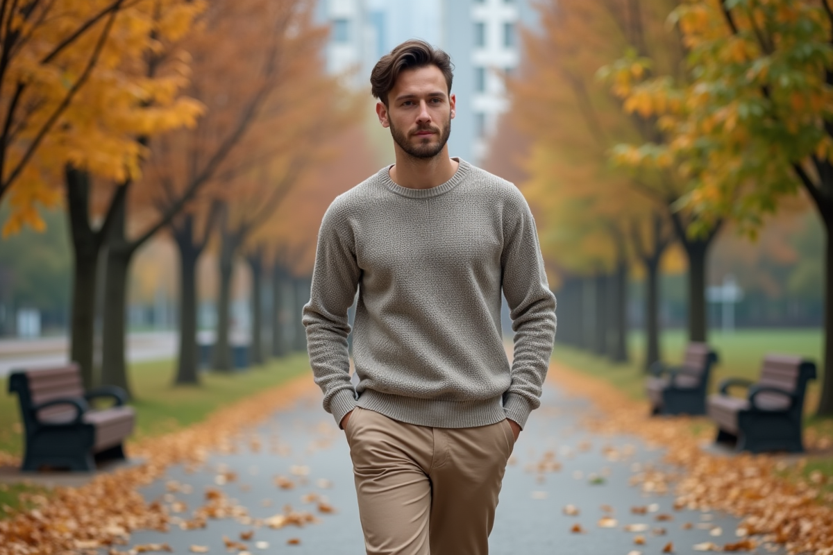 Jeune homme en pull dans un parc urbain automne