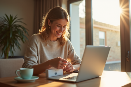Jeune femme heureuse découvrant des échantillons gratuits à la maison