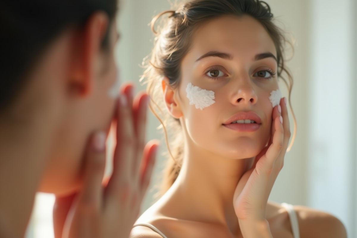 Jeune femme appliquant une creme visage devant miroir lumineux