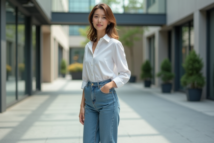 Jeune femme en jeans taille haute dans un décor urbain