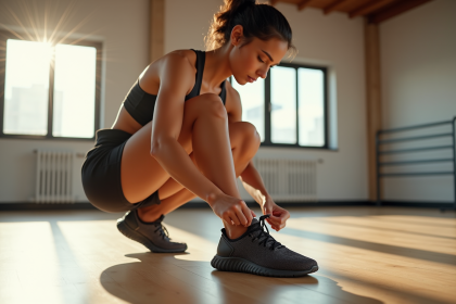 Jeune femme nouant ses sneakers de sport modernes dans une salle lumineuse