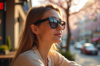 Jeune femme portant lunettes géométriques futuristes en extérieur
