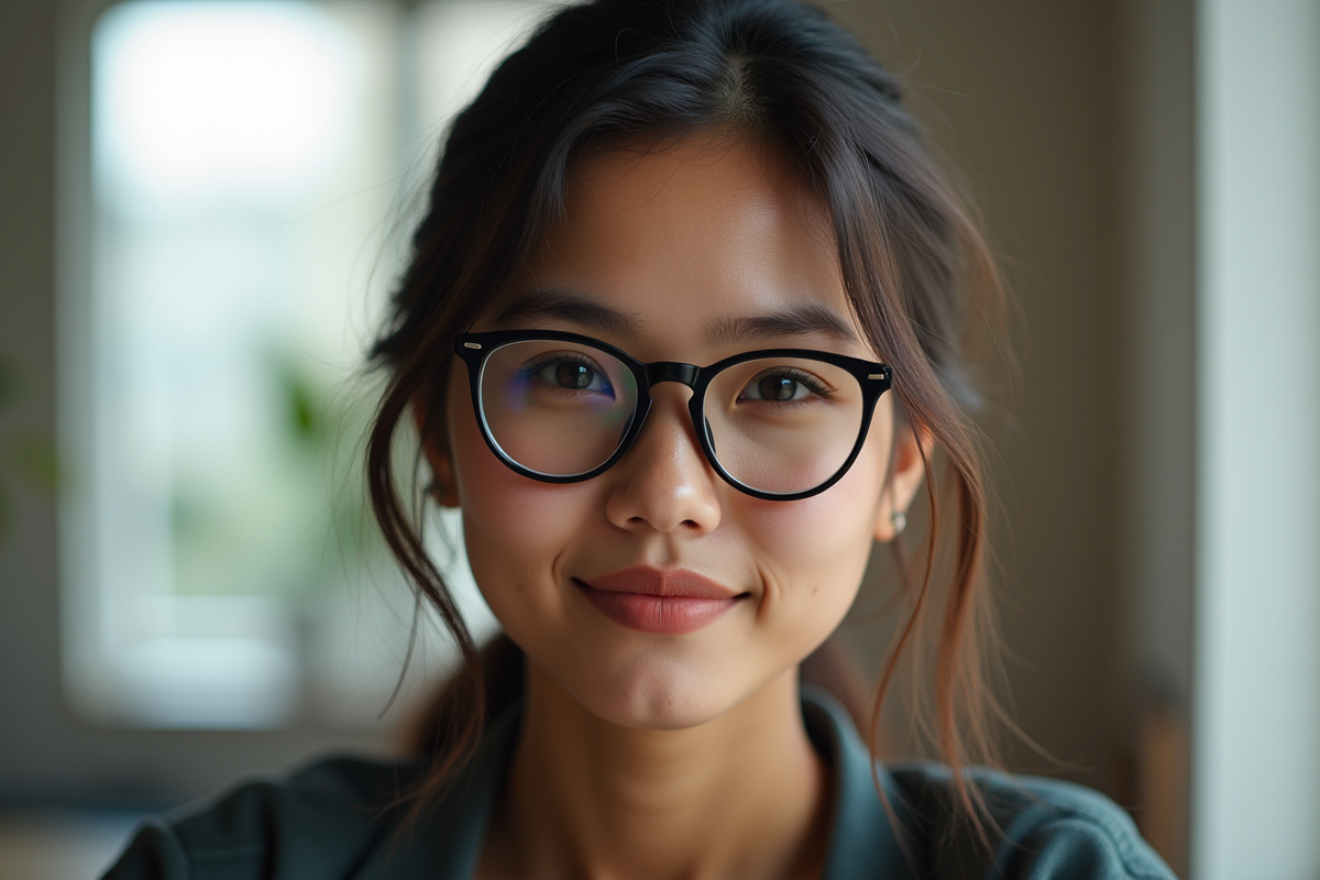 Jeune femme au visage naturel portant des lunettes noires élégantes