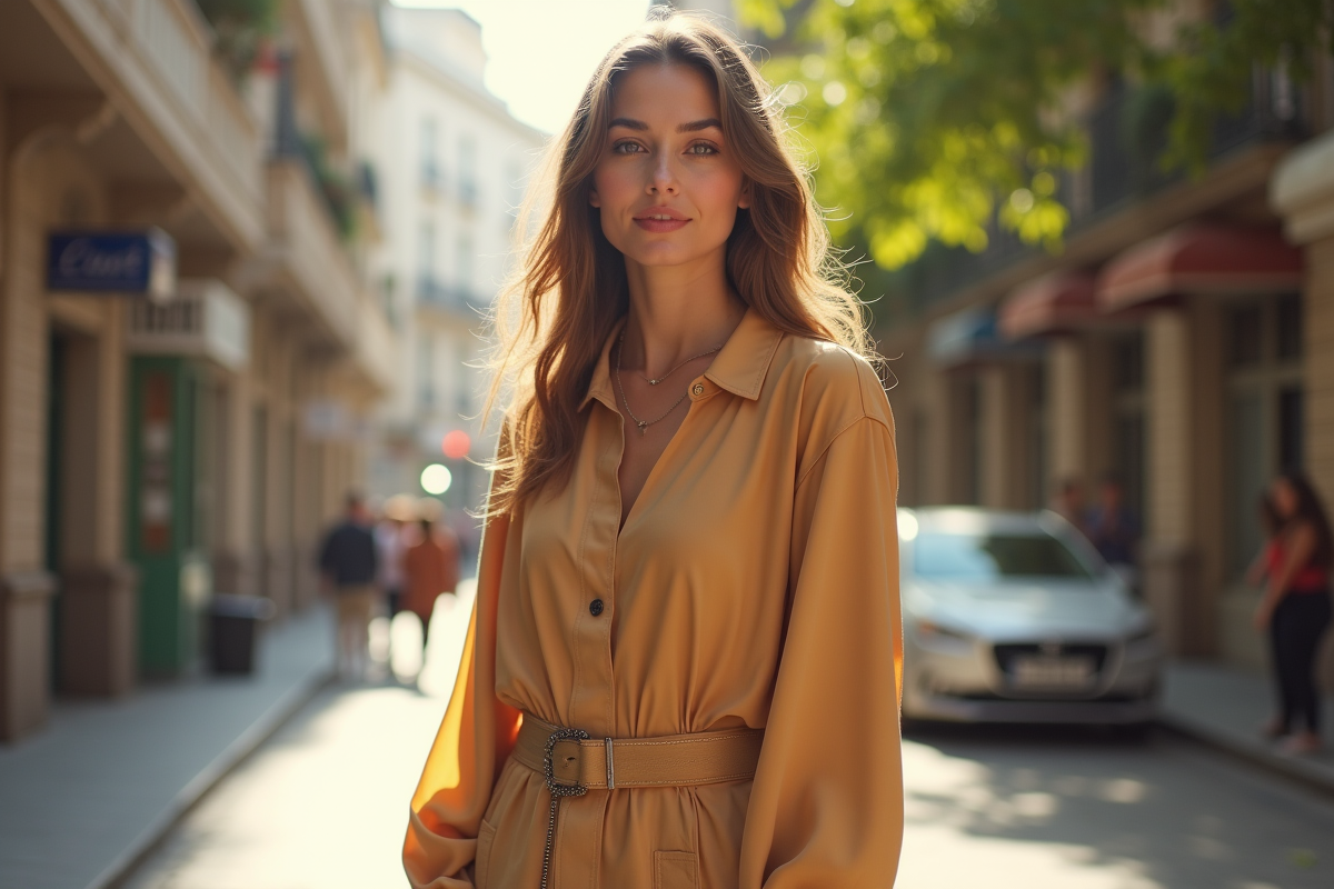 Jeune femme élégante portant Mango dans une rue ensoleillée