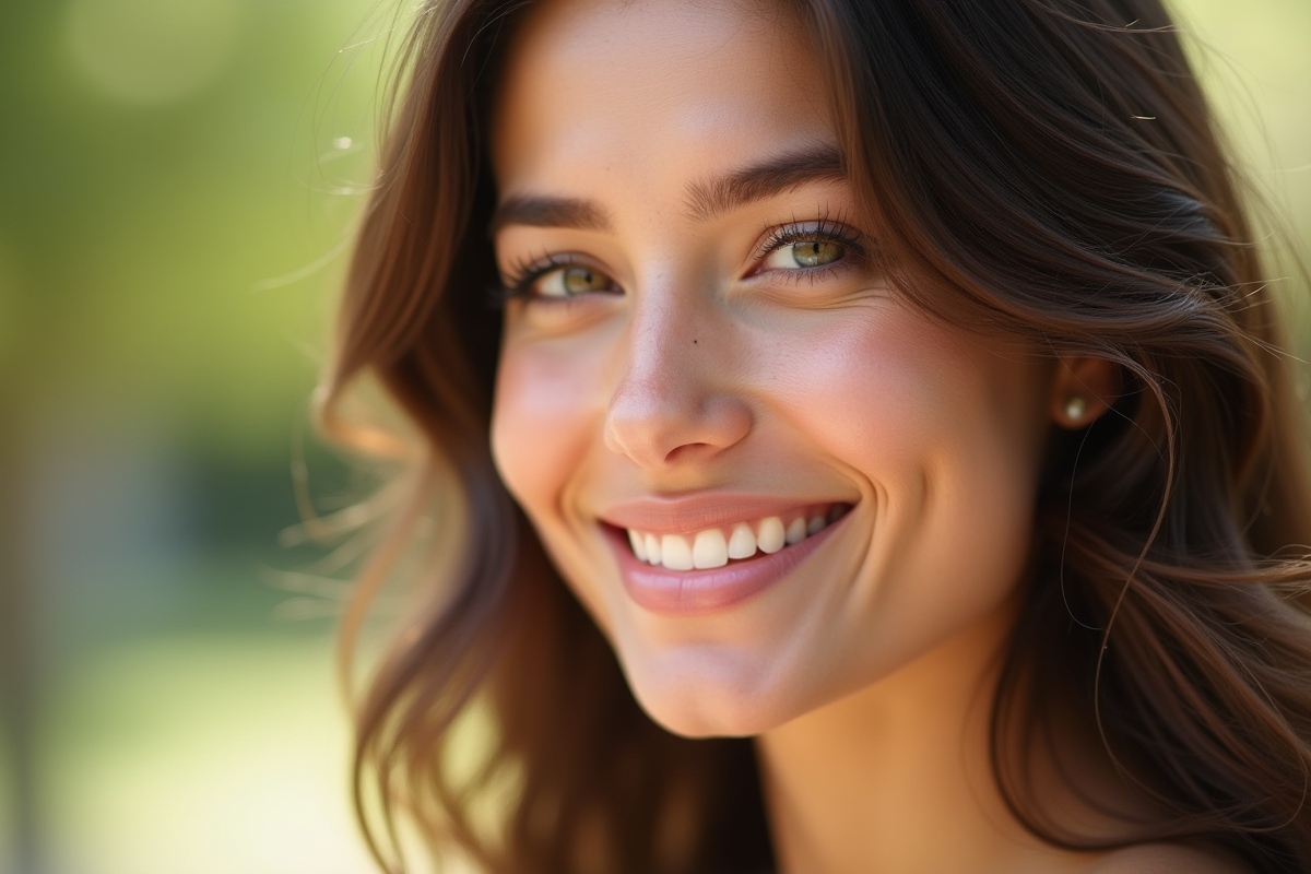 Jeune femme avec peau éclatante et souriant en lumière naturelle