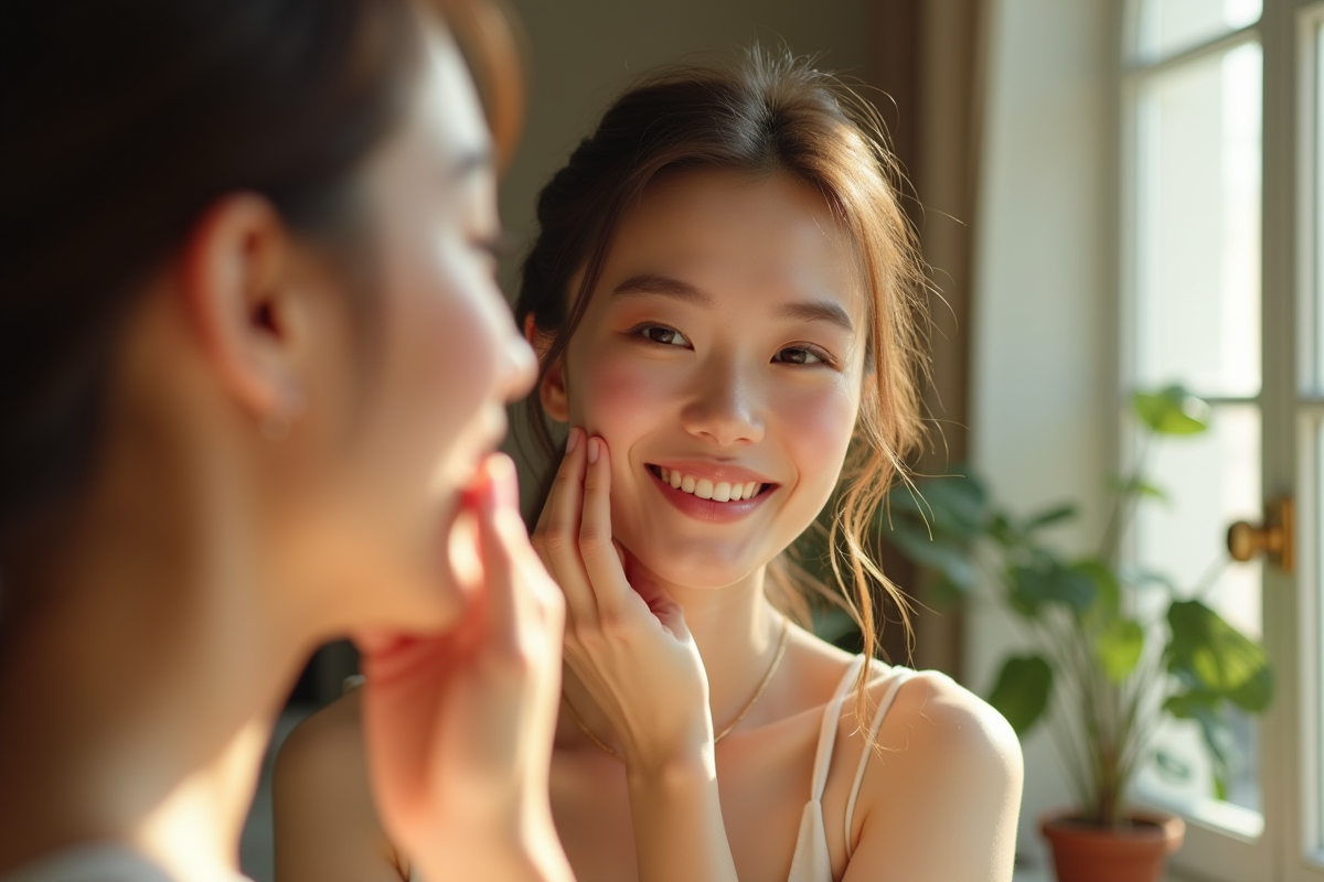 Jeune femme souriante avec maquillage naturel devant un miroir lumineux