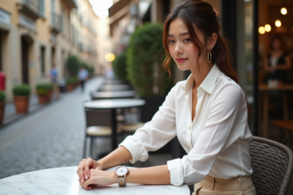 Jeune femme élégante vérifiant l'heure en extérieur