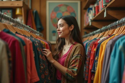 Jeune femme vintage dans une friperie chaleureuse