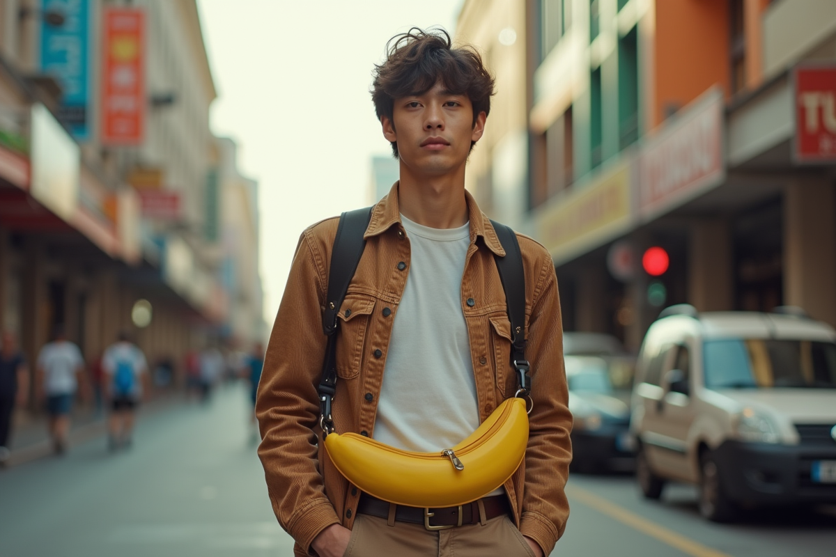 Jeune homme en mode années 80 avec sac banane en ville